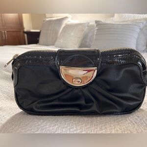 Botkier "Lita" black satin and patent leather evening clutch, $150, EUC